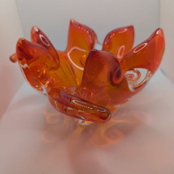 Vintage Murano glass Sunburst Flame Bowl Hand Blown Art orange Amberina - Picture 2 of 8